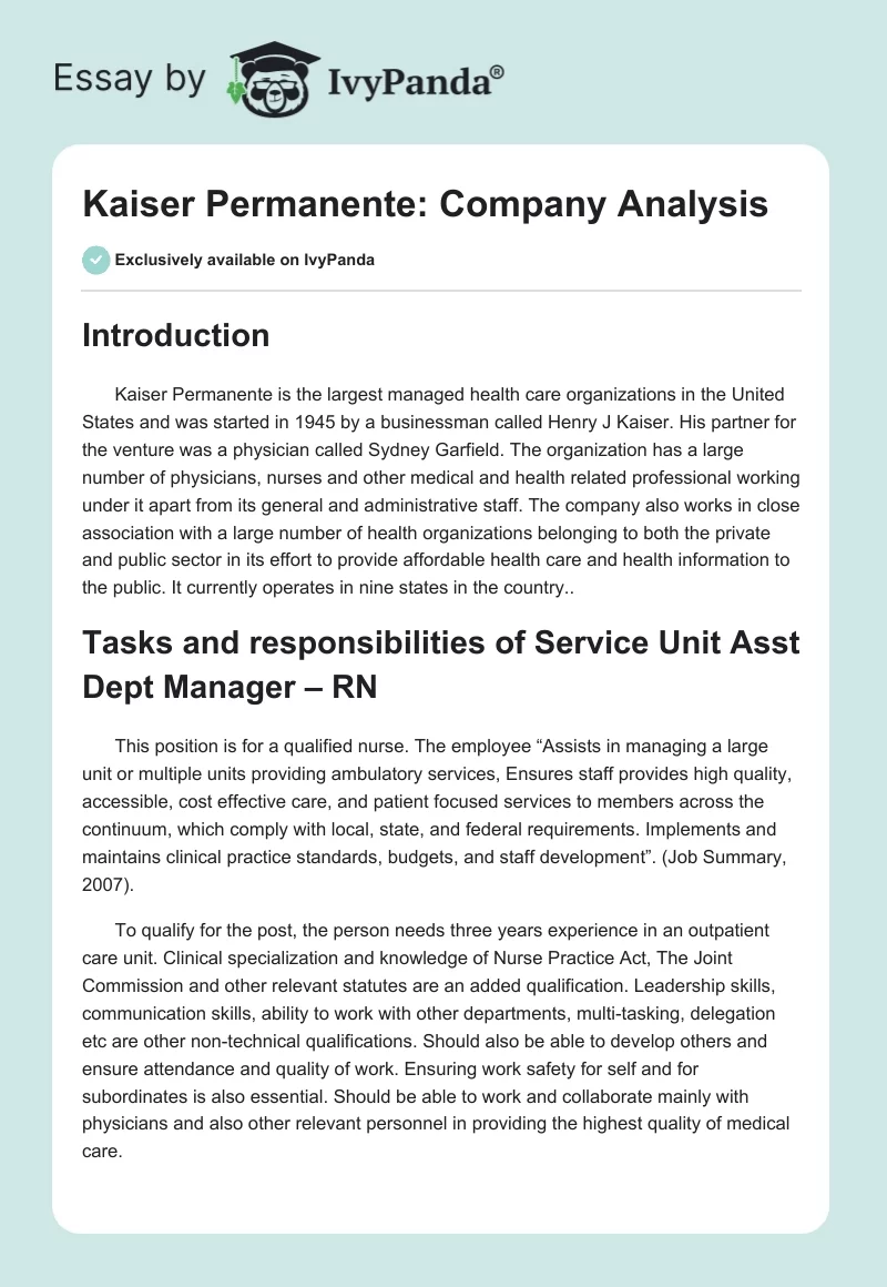 Kaiser Permanente: Company Analysis. Page 1