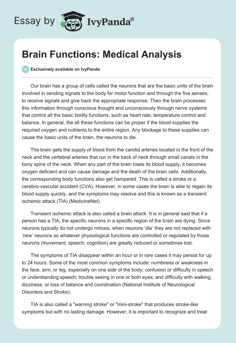 Brain Functions: Medical Analysis. Page 1