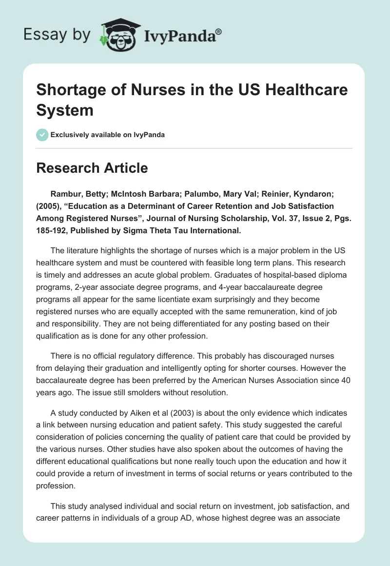 Shortage of Nurses in the US Healthcare System. Page 1