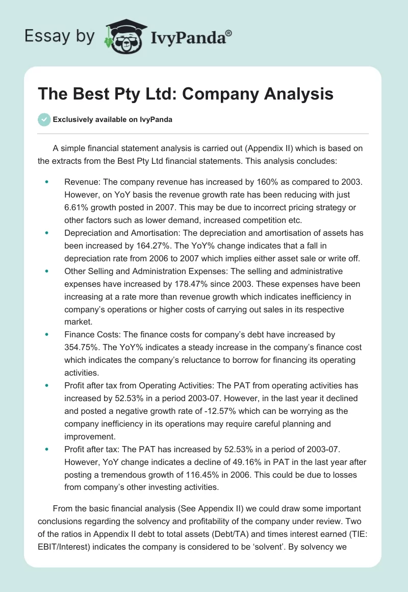 The Best Pty Ltd: Company Analysis. Page 1