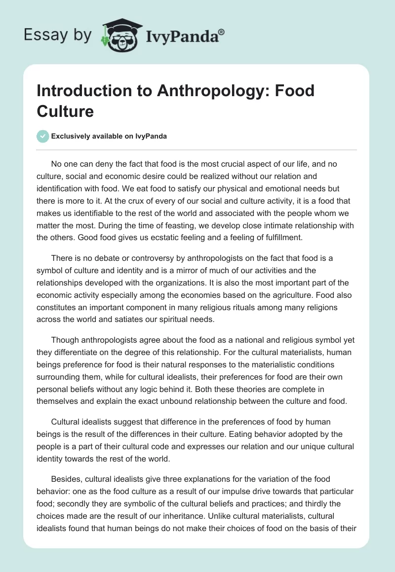 Introduction to Anthropology: Food Culture. Page 1