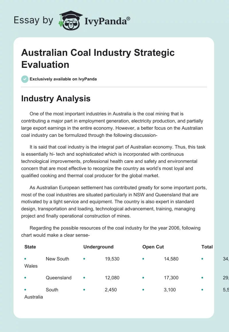 Australian Coal Industry Strategic Evaluation. Page 1