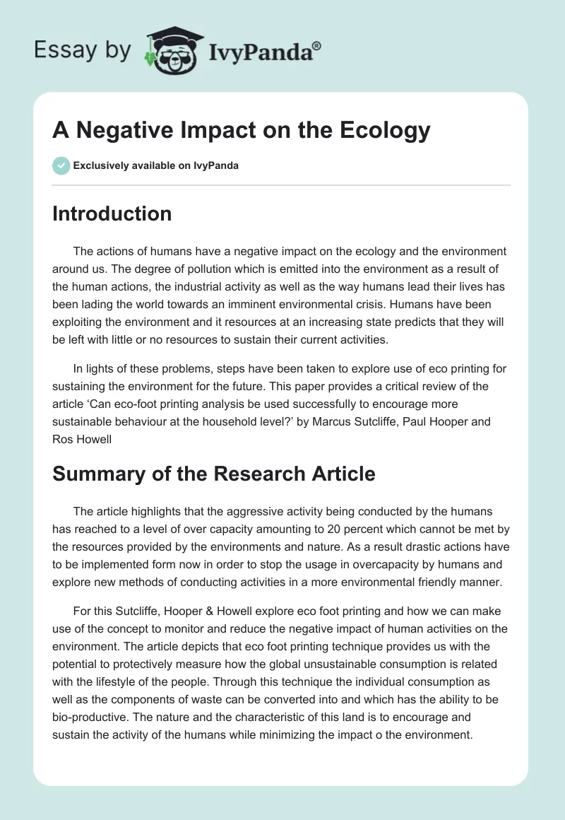 A Negative Impact on the Ecology. Page 1