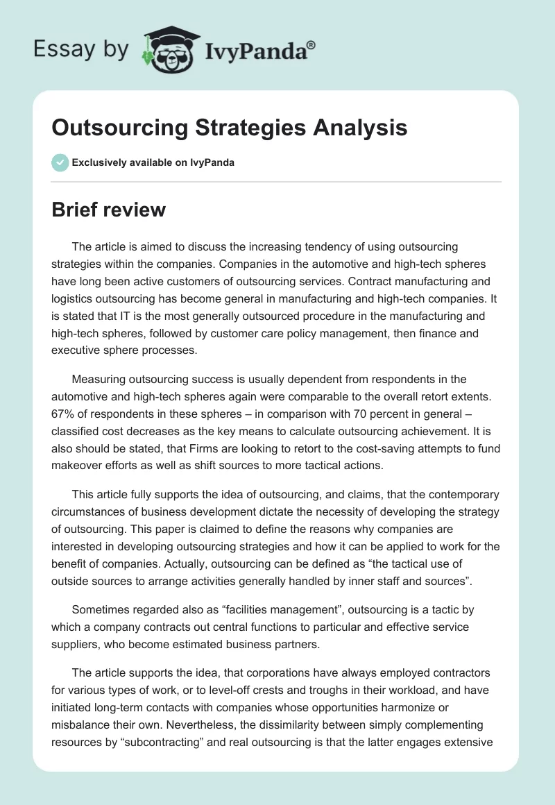 Outsourcing Strategies Analysis. Page 1