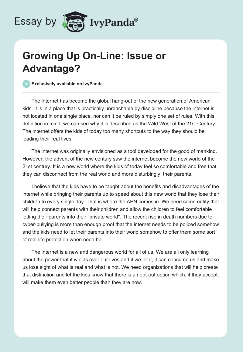 Growing Up On-Line: Issue or Advantage?. Page 1