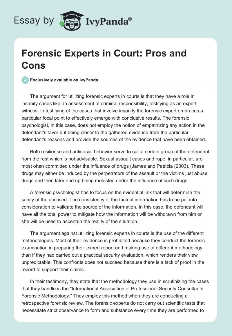Forensic Experts in Court: Pros and Cons. Page 1