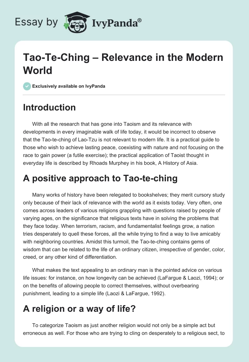 Tao-Te-Ching – Relevance in the Modern World. Page 1