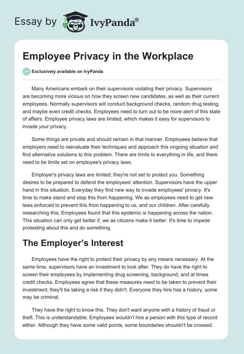 Employee Privacy in the Workplace. Page 1