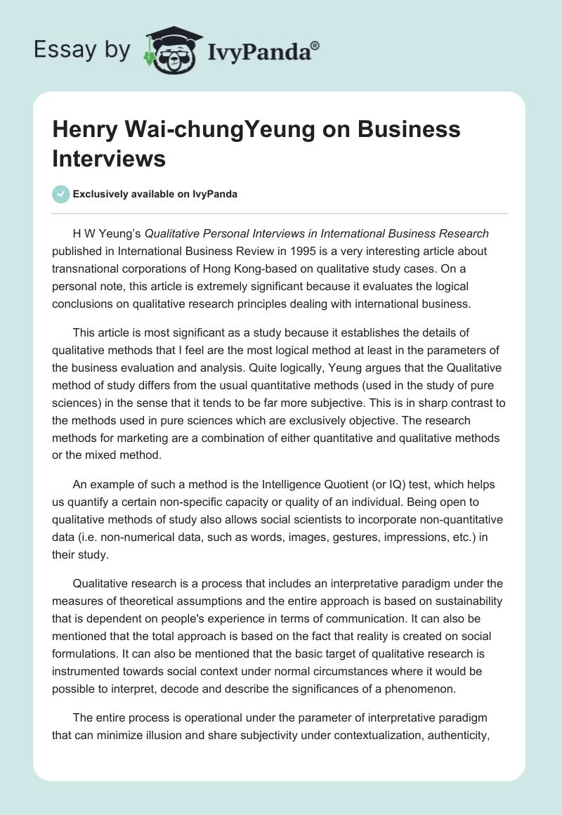 Henry Wai-chungYeung on Business Interviews. Page 1