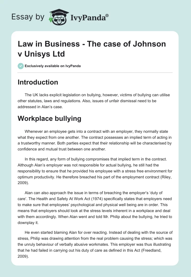 Law in Business - The case of Johnson v Unisys Ltd. Page 1