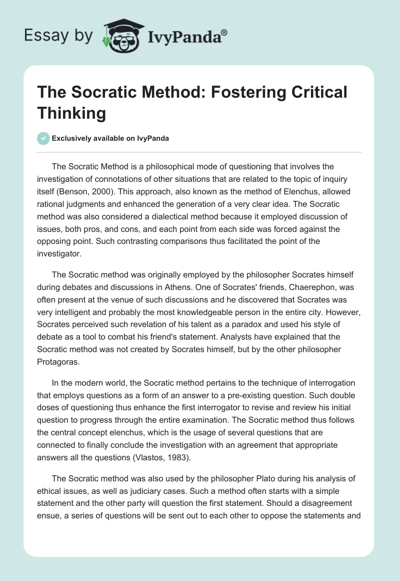 The Socratic Method: Fostering Critical Thinking. Page 1