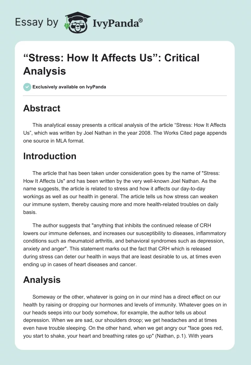 “Stress: How It Affects Us”: Critical Analysis. Page 1