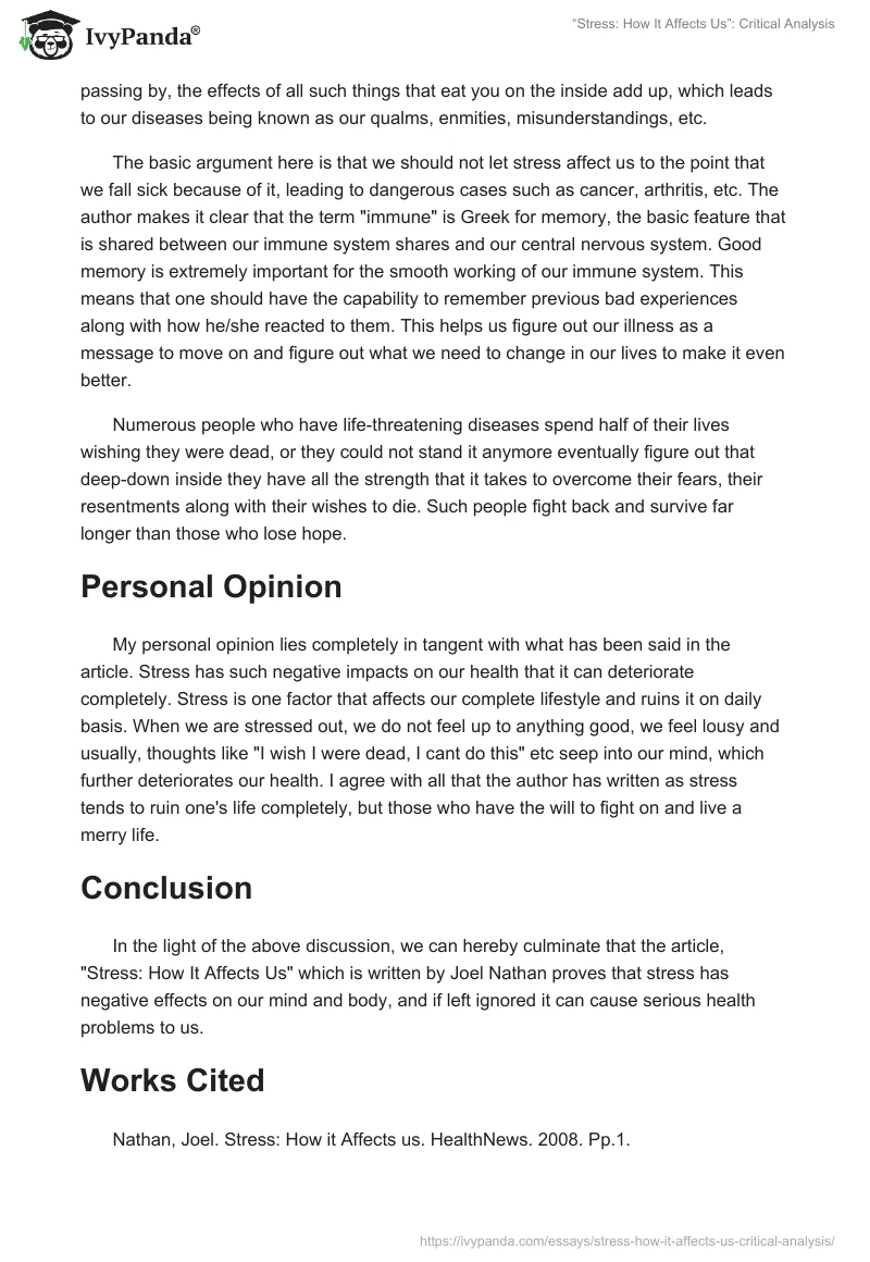 “Stress: How It Affects Us”: Critical Analysis. Page 2
