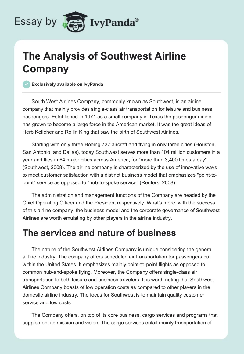 The Analysis of Southwest Airline Company. Page 1
