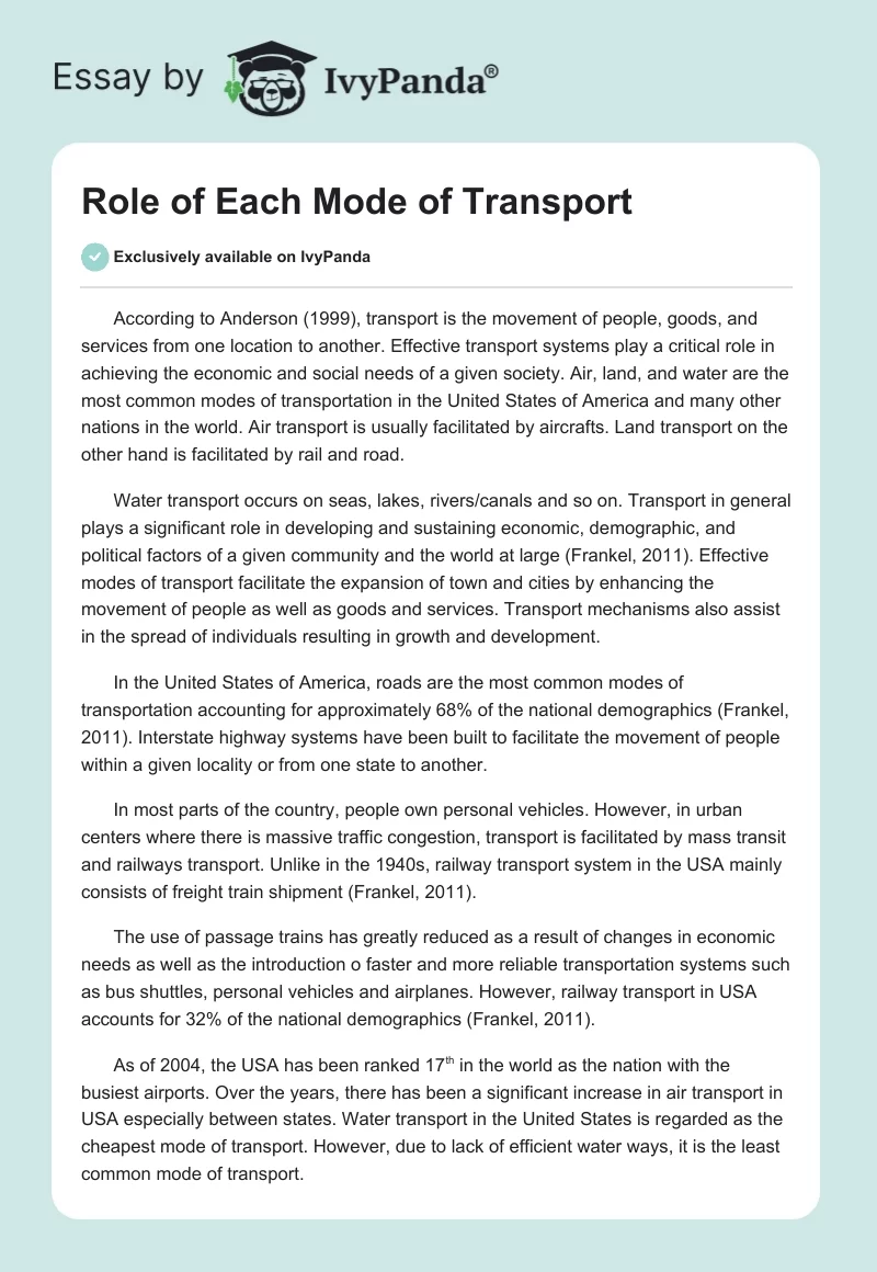 Role of Each Mode of Transport. Page 1