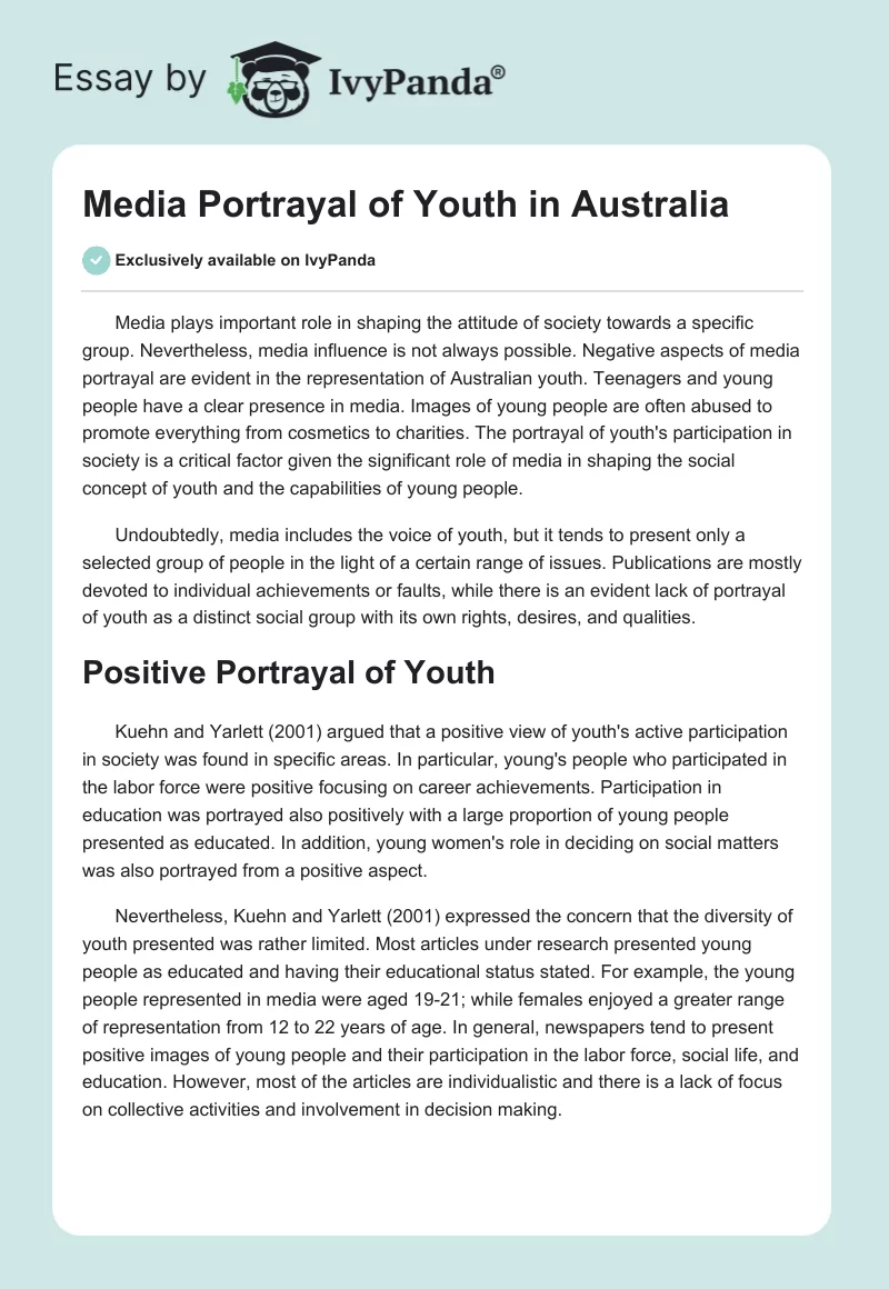 Media Portrayal of Youth in Australia. Page 1