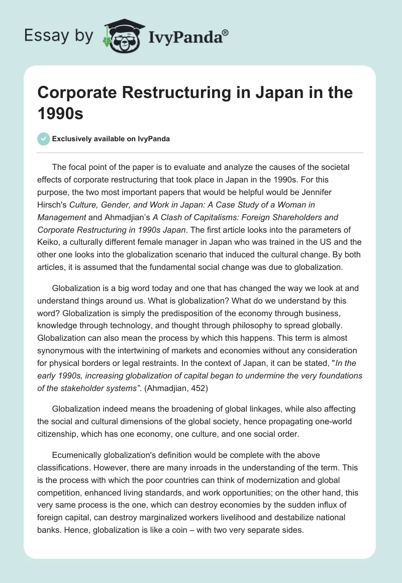 Corporate Restructuring in Japan in the 1990s. Page 1