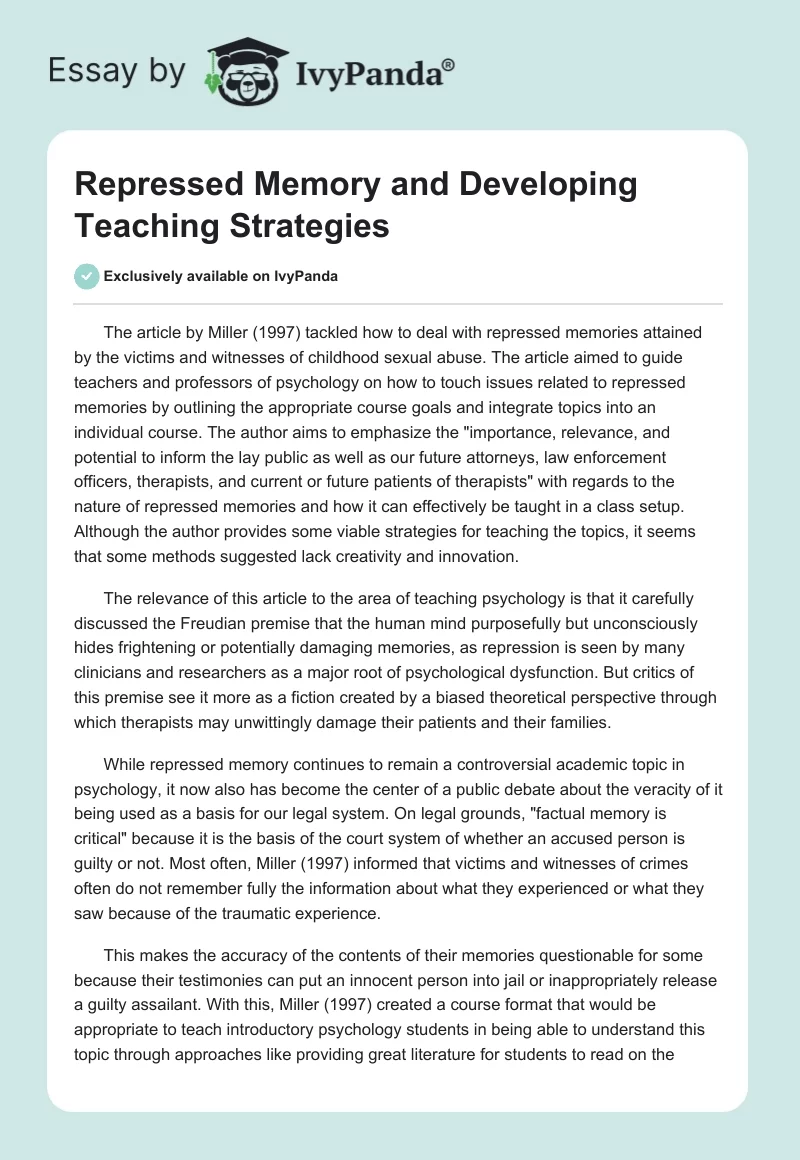 Repressed Memory and Developing Teaching Strategies. Page 1
