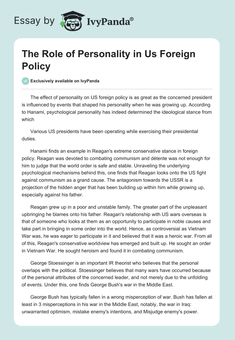 The Role of Personality in Us Foreign Policy. Page 1