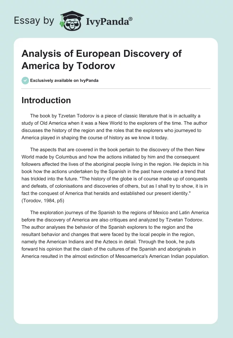Analysis of "European Discovery of America" by Todorov. Page 1