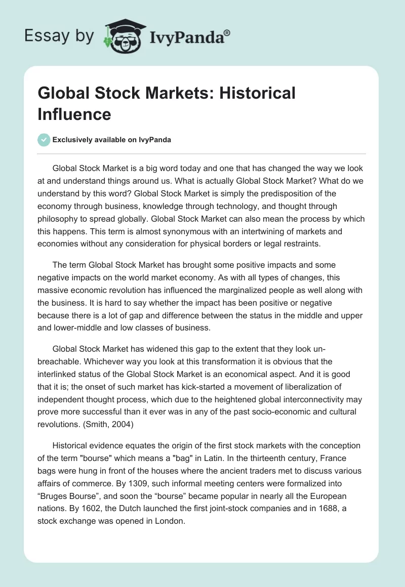 Global Stock Markets: Historical Influence. Page 1