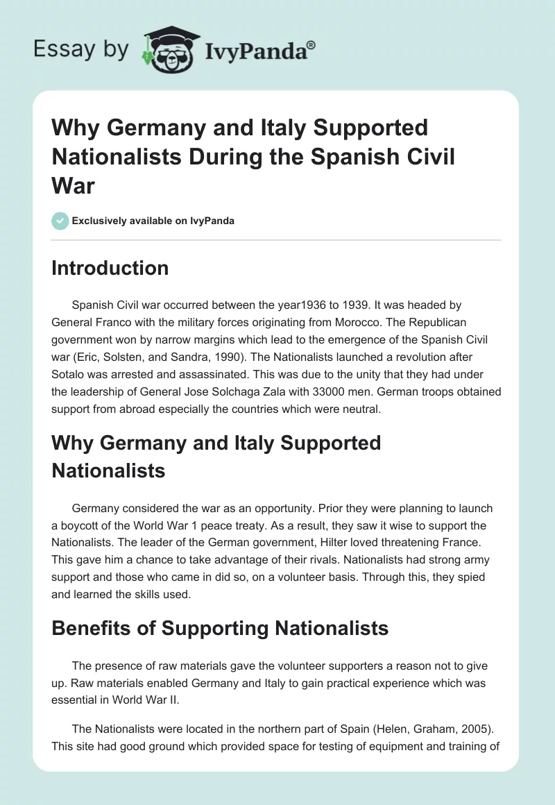 Why Germany and Italy Supported Nationalists During the Spanish Civil War. Page 1