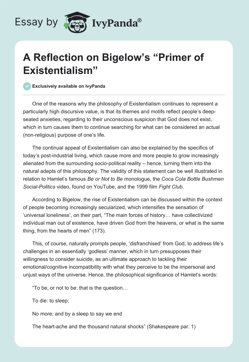 A Reflection on Bigelow’s “Primer of Existentialism”. Page 1