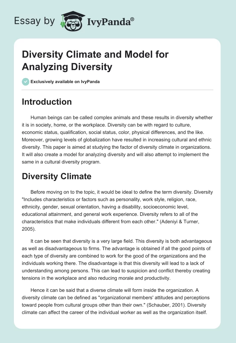 Diversity Climate and Model for Analyzing Diversity. Page 1