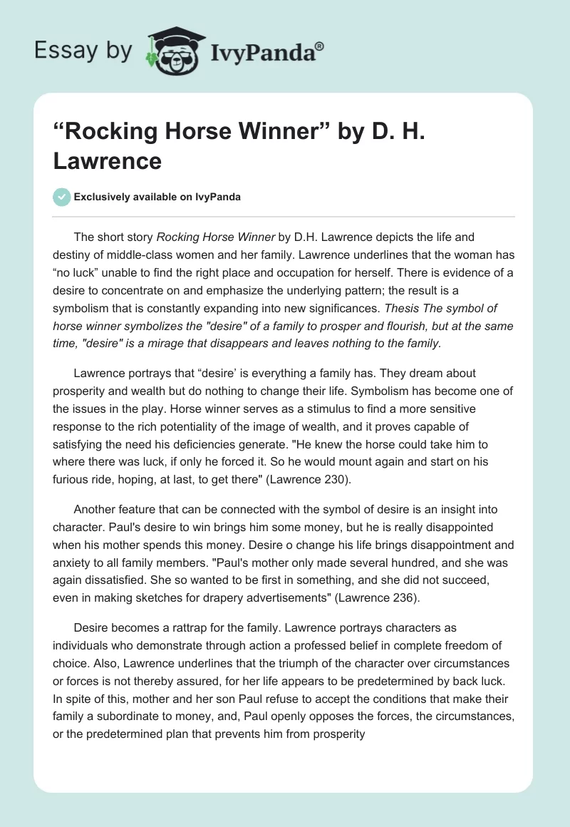 the rocking horse winner essay 300 words