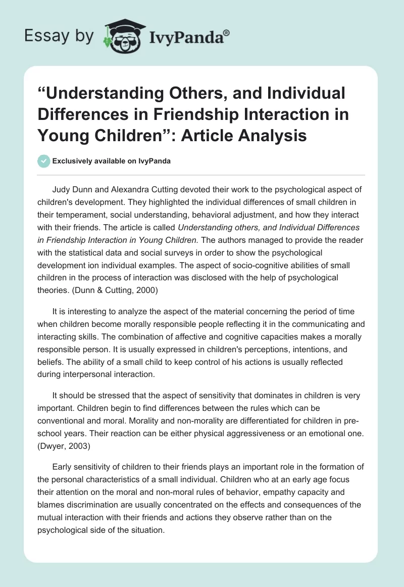 “Understanding Others, and Individual Differences in Friendship Interaction in Young Children”: Article Analysis. Page 1
