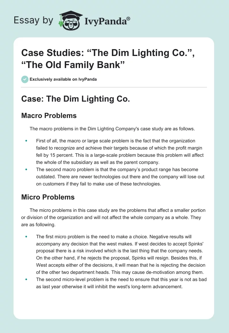Case Studies: “The Dim Lighting Co.”, “The Old Family Bank”. Page 1