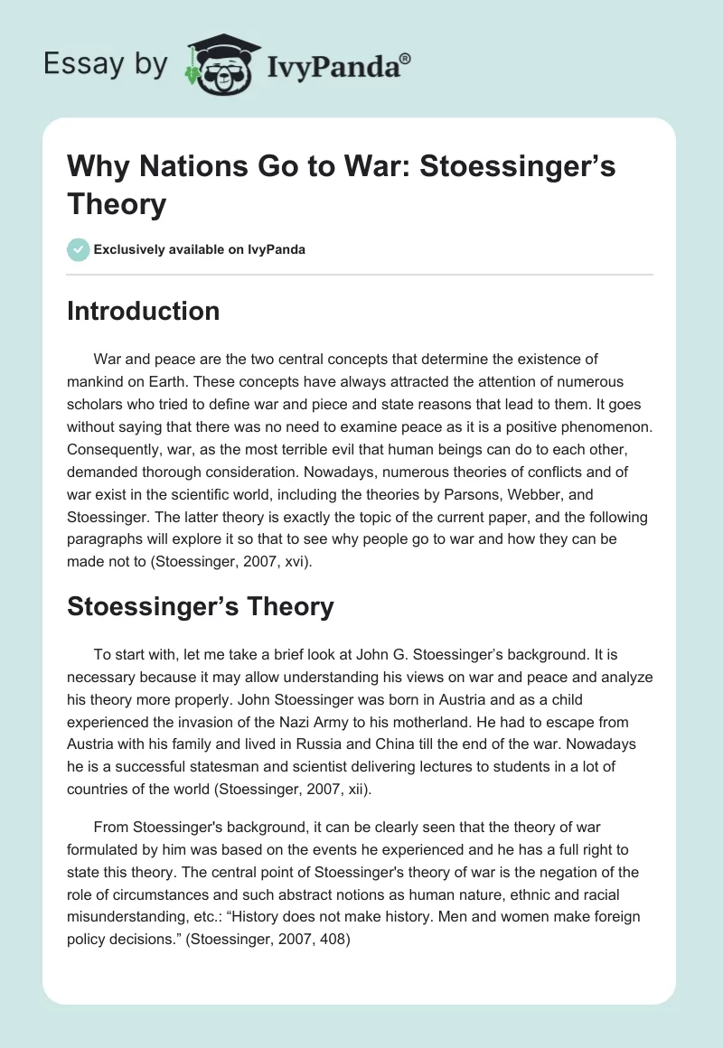 Why Nations Go to War: Stoessinger’s Theory. Page 1