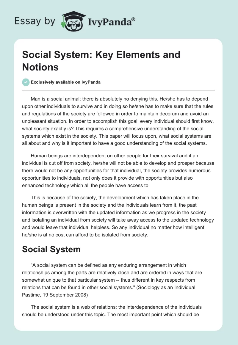 Social System: Key Elements and Notions. Page 1