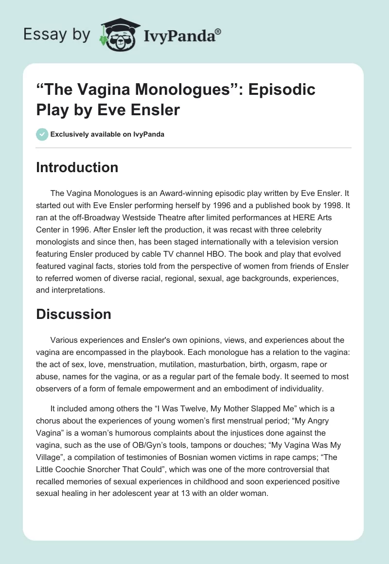 “The Vagina Monologues”: Episodic Play by Eve Ensler. Page 1