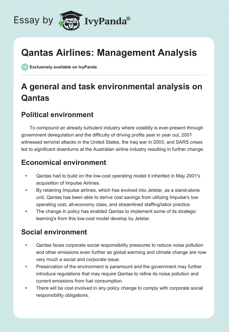 Qantas Airlines: Management Analysis. Page 1