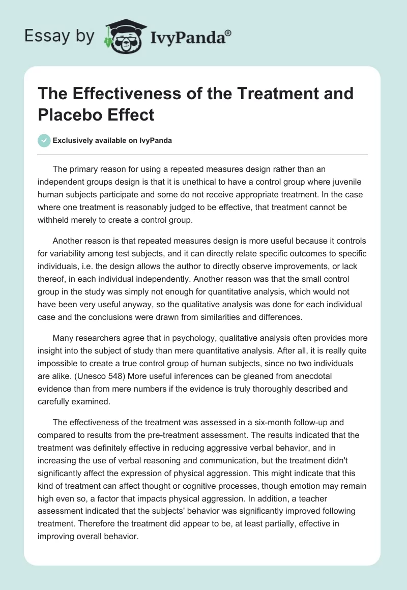 The Effectiveness of the Treatment and Placebo Effect. Page 1