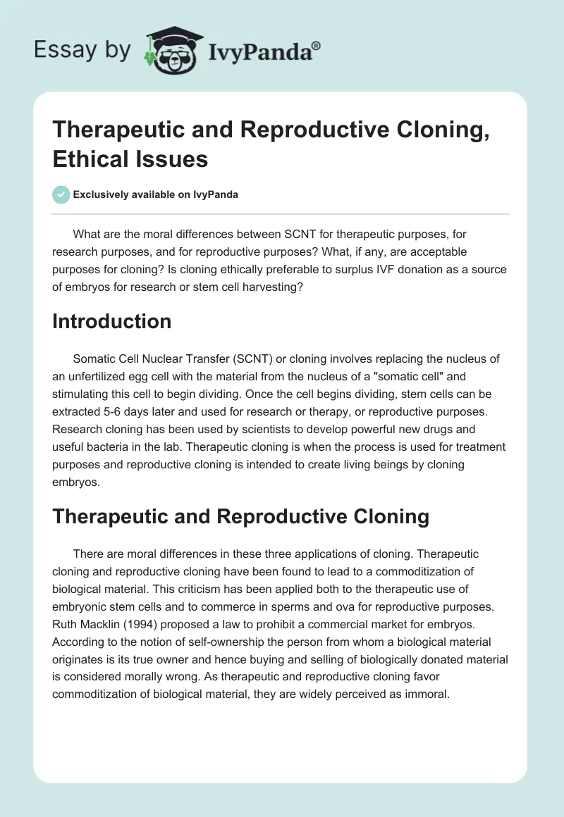 Therapeutic and Reproductive Cloning, Ethical Issues. Page 1
