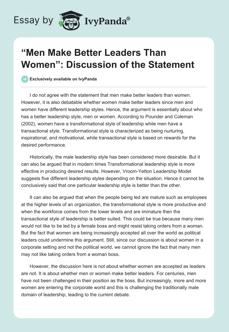 “Men Make Better Leaders Than Women”: Discussion of the Statement. Page 1