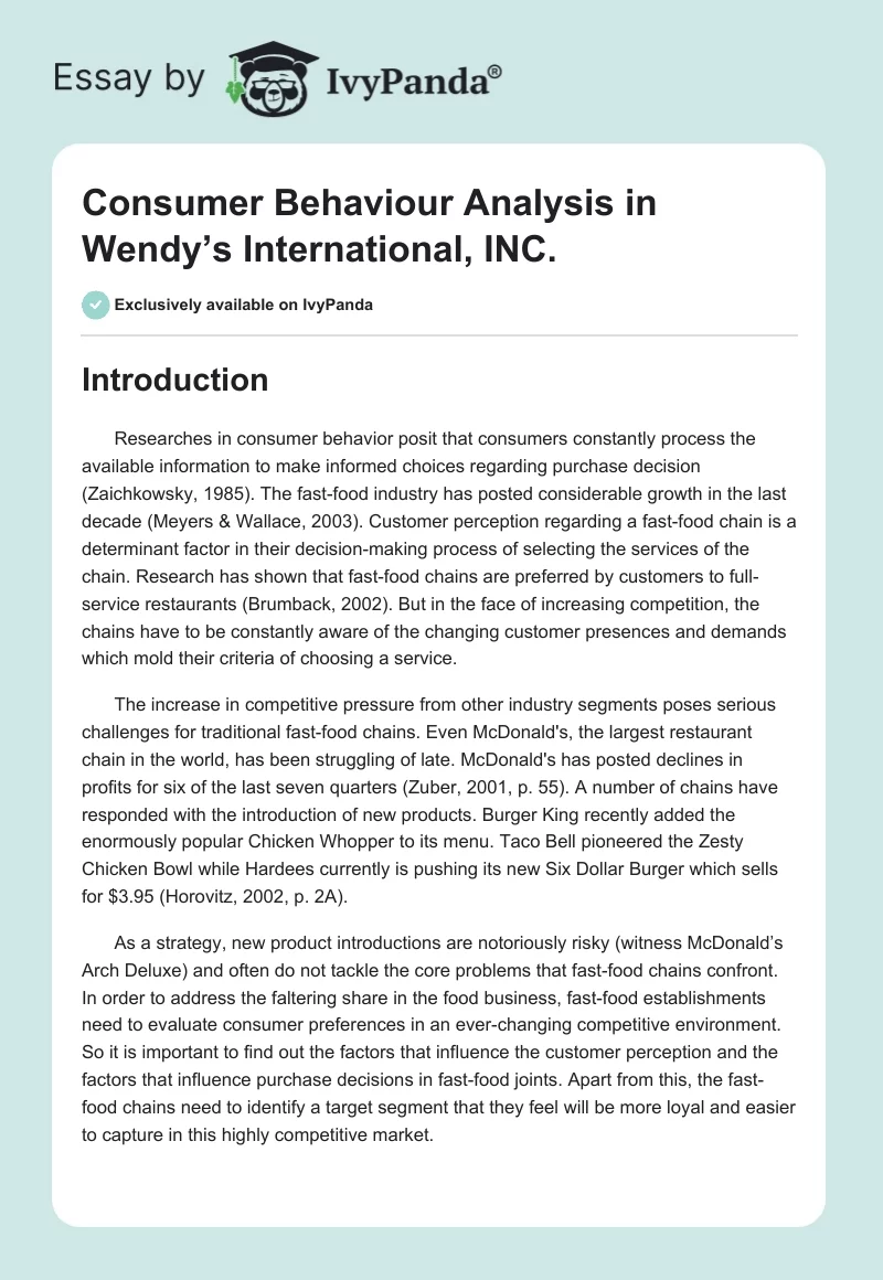 Consumer Behaviour Analysis in Wendy’s International, INC.. Page 1