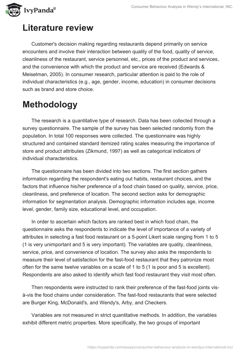 Consumer Behaviour Analysis in Wendy’s International, INC.. Page 3