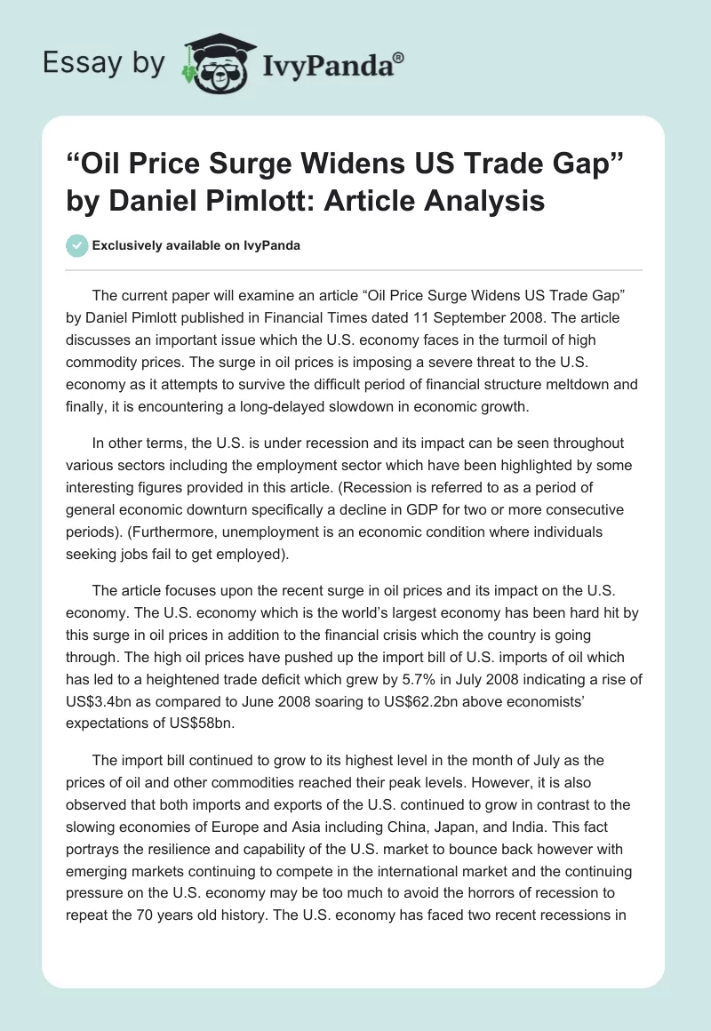 “Oil Price Surge Widens US Trade Gap” by Daniel Pimlott: Article Analysis. Page 1