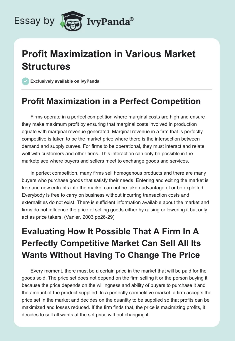 Profit Maximization in Various Market Structures. Page 1