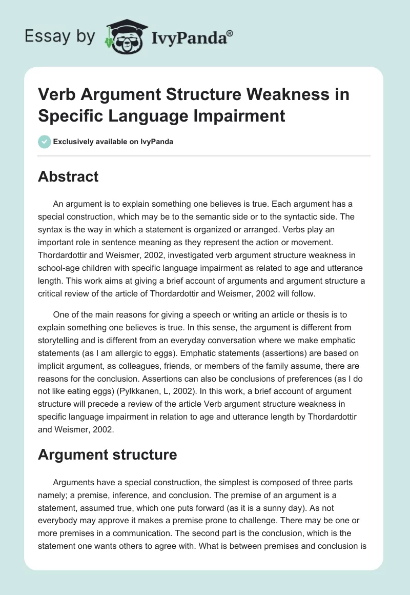 Verb Argument Structure Weakness in Specific Language Impairment. Page 1