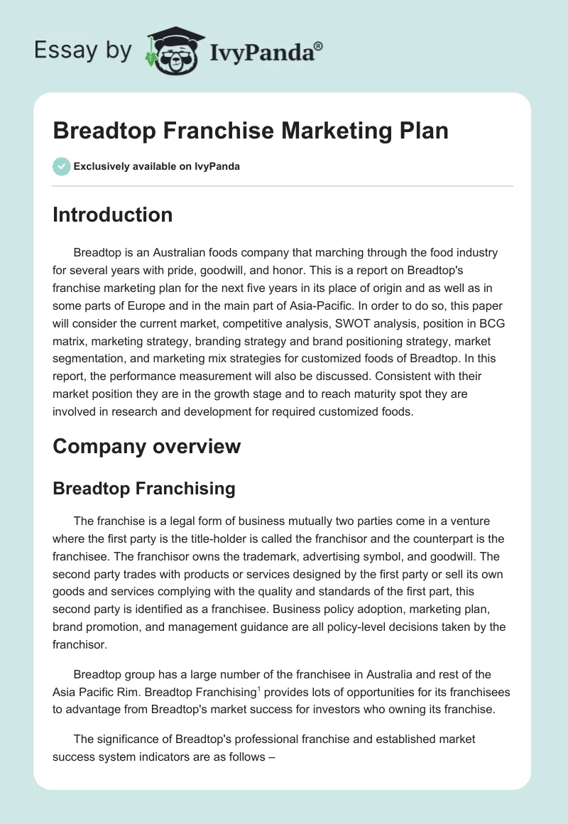 Breadtop Franchise Marketing Plan - 2753 Words | Assessment Example