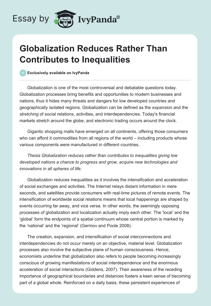 Globalization Reduces Rather Than Contributes to Inequalities. Page 1