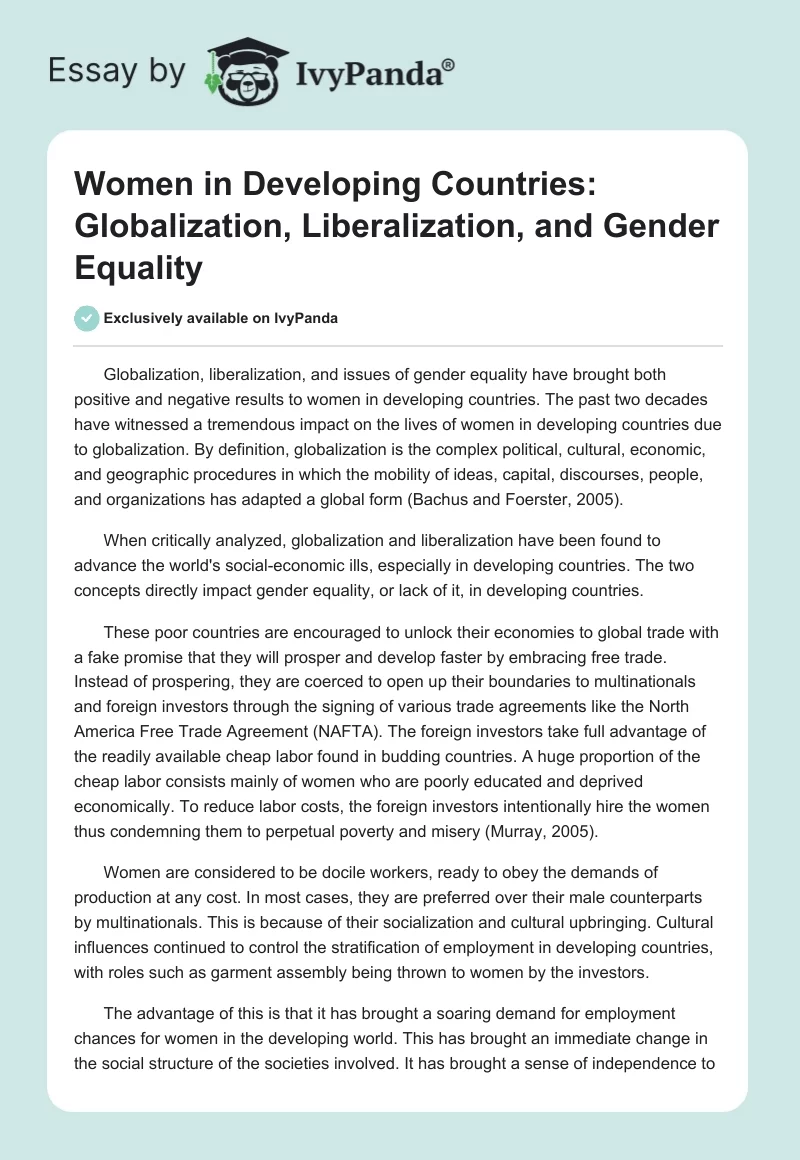 Women in Developing Countries: Globalization, Liberalization, and Gender Equality. Page 1