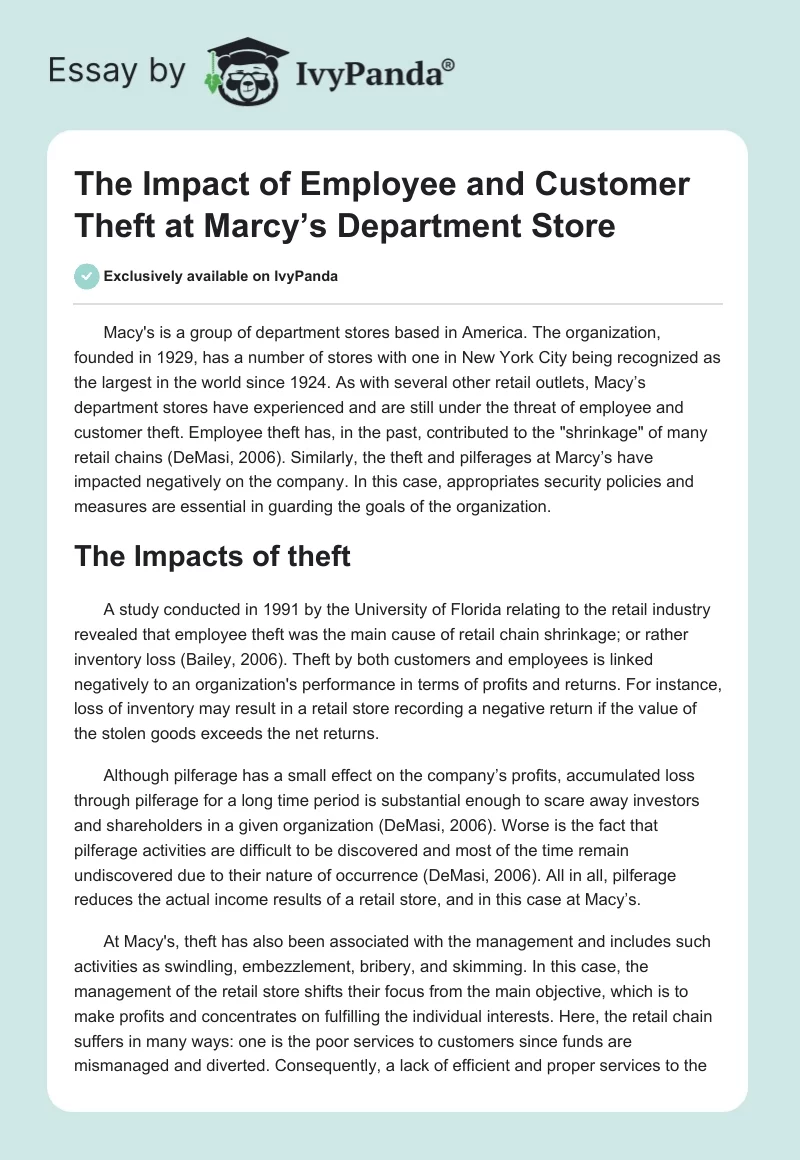 The Impact of Employee and Customer Theft at Marcy’s Department Store. Page 1
