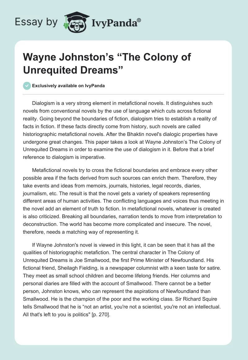 Wayne Johnston’s “The Colony of Unrequited Dreams”. Page 1