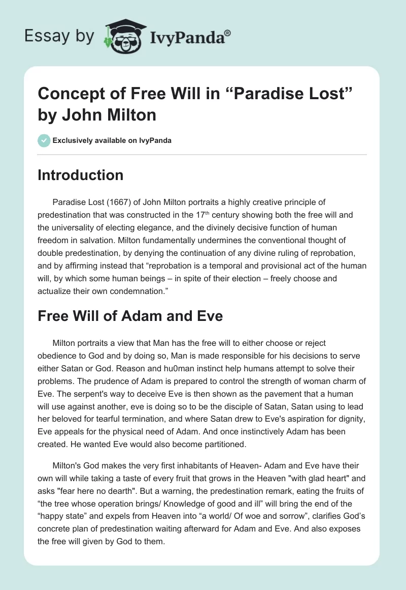 Concept of Free Will in “Paradise Lost” by John Milton. Page 1
