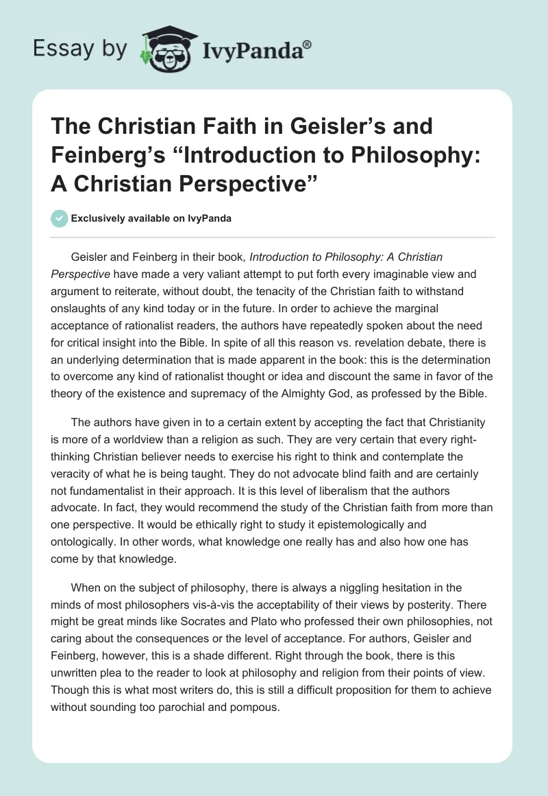 The Christian Faith in Geisler’s and Feinberg’s “Introduction to Philosophy: A Christian Perspective”. Page 1
